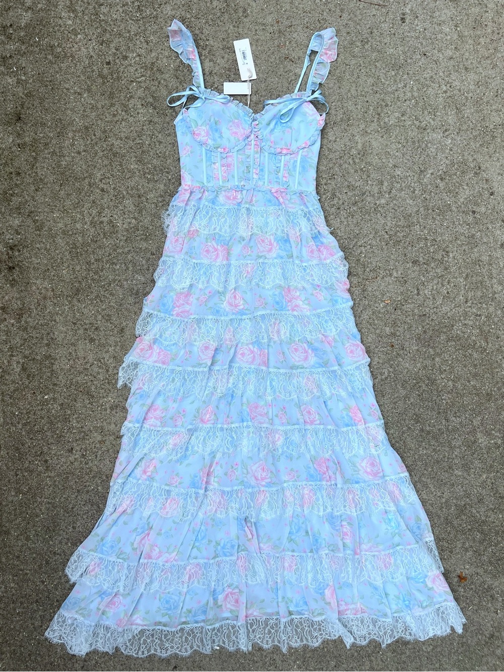 NWT Altar’d State Rhiannon Blue Pink Floral Lace Tiered Maxi Dress Small